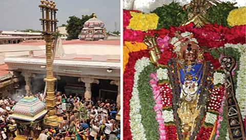விழாவை முன்னிட்டு கோவில் கொடிமரத்தில் கொடியேற்றபட்டதையும், அர்த்தநரீஸ்வரர் சிறப்பு அலங்காரத்தில் எழுந்தருளியதையும் படத்தில் காணலாம்.