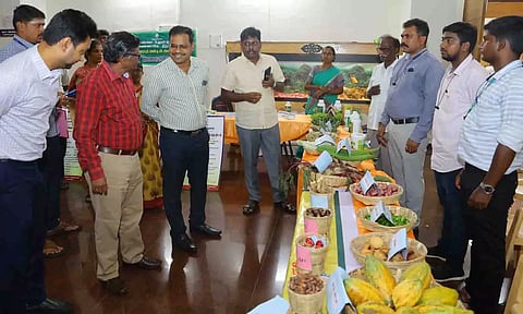 கூட்டத்தில் அமைக்கப்பட்டிருந்த வேளாண் கண்காட்சி அரங்கினை கலெக்டர் கிறிஸ்துராஜ் பார்வையிட்ட  காட்சி.&nbsp;