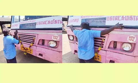 பஸ்சை கும்பிட்டு கட்டியணைத்து பணி ஓய்வு பெற்ற டிரைவர் முத்துப்பாண்டி.&nbsp;
