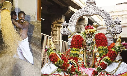 நம்பெருமாள் உபயநாச்சியார்களுடன் நெல்லளவு கண்டருளியதை படத்தில் காணலாம்.