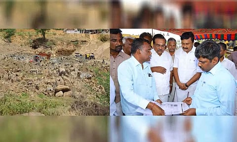 தடுப்பணை அமைக்கப்பட உள்ள பணிகளை  தமிழ் வளர்ச்சி மற்றும் செய்தித்துறை அமைச்சர் மு.பெ.சாமிநாதன் பார்வையிட்ட காட்சி.