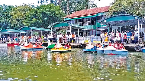 படகு சவாரி செய்து மகிழும் சுற்றுலா பயணிகள்.&nbsp;