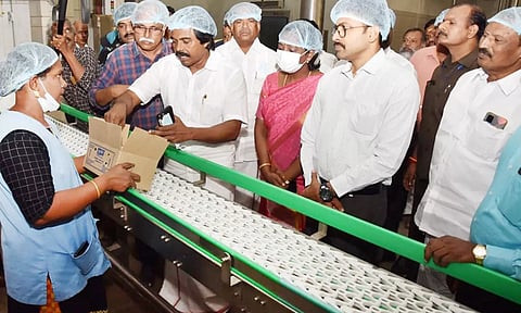 மதுரை மேலமடையில் உள்ள ஆவின் ஐஸ் தயாரிக்கும் தொழிற்சாலையில் பால்வளத்துறை அமைச்சர் மனோ தங்கராஜ் ஆய்வு செய்தபோது எடுத்த படம். 