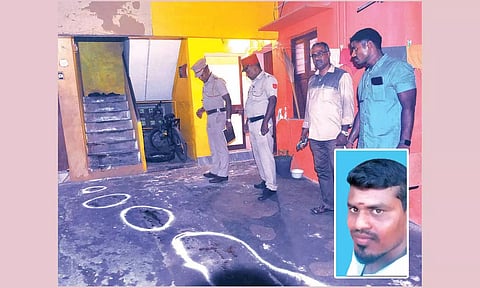 வெடிகுண்டு வீசி கொலை நடந்த இடத்தில் போலீசார் விசாரணை நடத்திய காட்சி. கொலை செய்யப்பட்ட ராஜி.&nbsp;