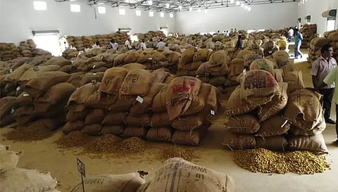 ஏலத்திற்காக அடுக்கி வைக்கப்பட்டுள்ள மஞ்சள் 
மூட்டைகள்.