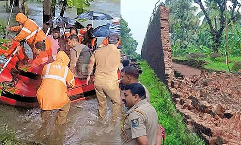 திருவல்லா துகலசேரியில் வெள்ளத்தில் சிக்கியவர்களை தேசிய பேரிடர் மீட்புக்குழுவினர் மீட்டுச் சென்ற காட்சி - கண்ணூர் மத்திய சிறையின் சுற்றுச்சுவர் இடித்து கிடப்பதை காணலாம் 