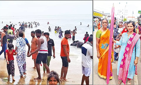 நேர்த்திக்கடன் செலுத்துவதற்காக 6 அடி உயர மெழுகுவர்த்தியை பெண் ஒருவர் வாங்கி வந்ததையும் படத்தில் காணலாம்.