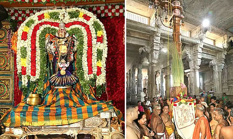 சிறப்பு அலங்காரத்தில் அறம்வளர்த்த நாயகி அம்மன் காட்சியளித்ததையும், ஆடிப்பூர பெருவிழா கொடியேற்றம் நடைபெற்றதையும் படத்தில் காணலாம்.