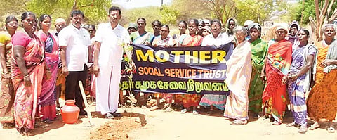 பனைவிதைகள் நடும் பணியை யூனியன் சேர்மன் பாலசிங் தொடங்கி வைத்த காட்சி.