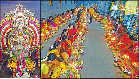 மாரியம்மன் ராஜ மாதங்கி அலங்காரத்தில் அருள்பாலித்ததையும், திருவிளக்கு பூஜையில் கலந்து கொண்ட பெண்களையும் படத்தில் காணலாம்.&nbsp;