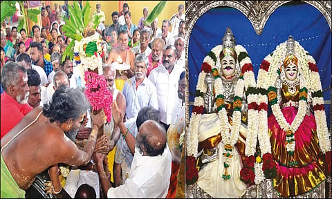 முகூர்த்தகால் நடும் நிகழ்ச்சி நடைபெற்றதையும், ஞானமூர்த்தீஸ்வரர் சமேத முத்தாரம்மன் சிறப்பு அலங்காரத்தில் அருள்பாலித்ததையும் படத்தில் காணலாம்.