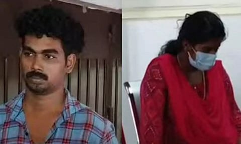 கைதான விஷ்ணு, ஸ்வீட்டியை படத்தில் காணலாம்.