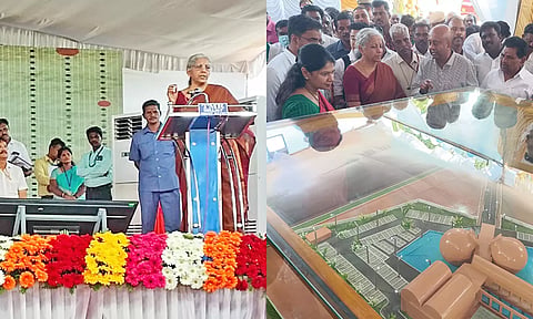 ஆதிச்சநல்லூரில் உலகத்தரம் வாய்ந்த அருங்காட்சியகத்திற்கு மத்திய மந்திரி நிர்மலா சீதாராமன் அடிக்கல் நாட்டி பேசியபோது எடுத்த படம் - அகழாய்வில் கண்டெடுக்கப்பட்ட பொருட்களை பார்வையிட்ட மத்திய மந்திரி 