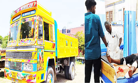 விபத்து ஏற்படுத்திய டிப்பர் லாரி காயமடைந்தவர் ஆஸ்பத்திரியில் சிகிச்சை பெற்று வரும் காட்சி.