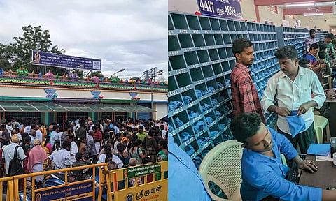 பாதவிநாயகர் கோவில் அருகே உள்ள செல்போன் சேகரிப்பு மையத்தில் கூடியிருந்த பக்தர்கள்.