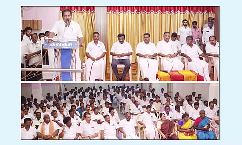 திருப்பாலையில் நடைபெற்ற வடக்கு மாவட்ட தி.மு.க. செயல்வீரர்கள் கூட்டத்தில் அமைச்ச ரும், மாவட்டச் செயலாளருமான பி.மூர்த்தி பேசியபோது எடுத்தபடம். அருகில் வெங்கடேசன் எம்.எல்.ஏ. மற்றும் நிர்வாகிகள் உள்ளனர்.