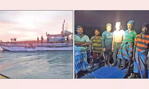 உவரி தூண்டில் வளைவில் தரை தட்டிய விசைப்படகு மற்றொரு படகு மூலம் மீட்க முயற்சி