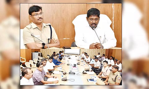 பாதுகாப்புக்குழு கூட்டம்   கலெக்டர் கிறிஸ்துராஜ் தலைமையில் நடைபெற்ற காட்சி.