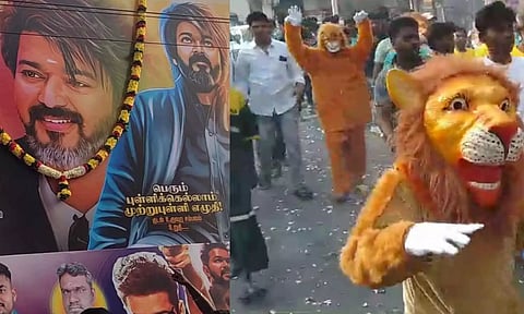 திருப்பூரில் உள்ள தியேட்டரில்  விஜய் படத்திற்கு மாலை அணிவித்தும், சிங்க வேடமணிந்தும்  ரசிகர்கள் மேளதாளத்துடன் ஆடிப்பாடி மகிழ்ந்த காட்சி.&nbsp; &nbsp;