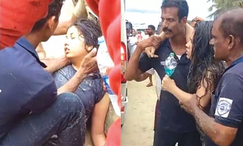 கடல் அலையில் இழுத்துச்செல்லப்பட்ட இளம்பெண்ணை மீட்ட போலீஸ்காரர்கள்.