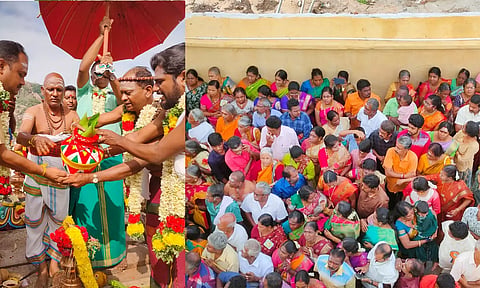 கோபுர கலசத்திற்கு புனித நீர் ஊற்றுவதையும், கலந்து கொண்ட பக்தர்களையும் படத்தில் காணலாம்.