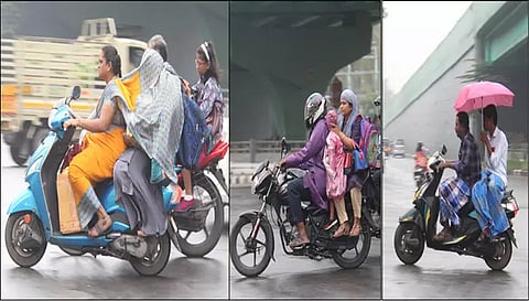 சேலத்தில் காலை முதல் சாரல் மழை பெய்து வருகிறது. இதனால் மழையில் நனைந்தபடி  இருசக்கர வாகனங்களில் சென்றவர்களை படத்தில் காணலாம்.