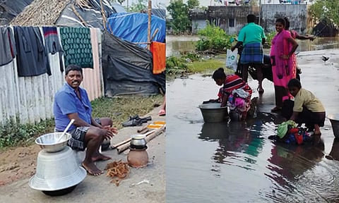 சாலையில் சமைத்து குளிக்கும் மக்கள்.