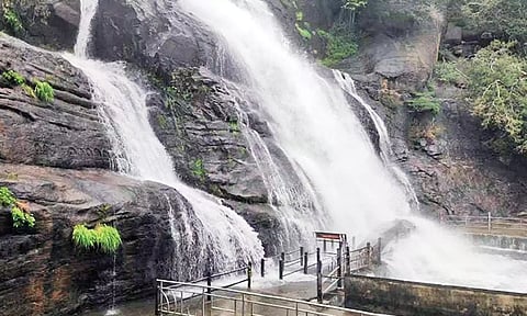 குற்றாலம் மெயின் அருவியில் தண்ணீர் ஆர்ப்பரித்து கொட்டுவதை காணலாம்.