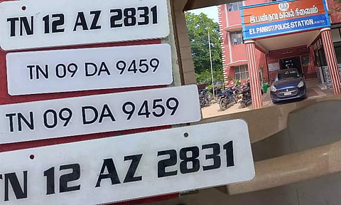 காரில் இருந்த போலி நம்பர் பிளேட், பறிமுதல் செய்யப்பட்ட கார்.
