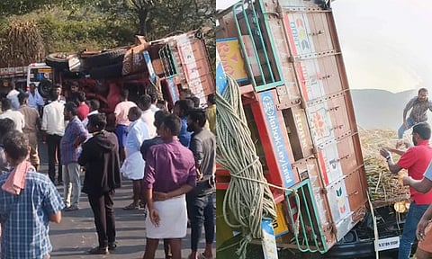 கார் மீது லாரி கவிழ்ந்து விபத்து: 3 பேர் உயிரிழப்பு