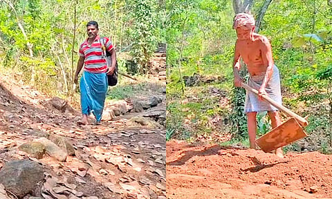 இஞ்சிகுழியில் இருந்து காரையாறுக்கு செல்லும் பாதை மற்றும் விவசாயத்தில் ஈடுபட்டுள்ள விவசாயி.