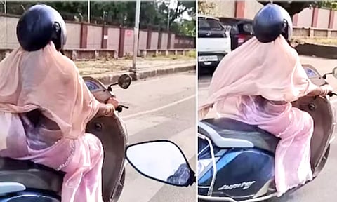 வித்தியாசமான 'ஹெல்மெட்' அணிந்து வைரலான இளம்பெண்