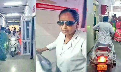 மருத்துவமனைக்குள் 'ஸ்கூட்டி' ஓட்டி சென்ற நர்ஸ்
