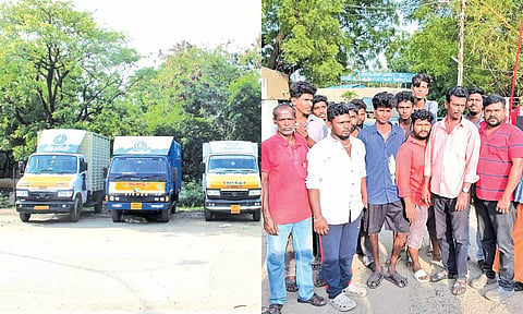 வாடகை வேன்கள் நிறுத்தி வைக்கப்பட்டுள்ள காட்சி - போராட்டத்தில் ஈடுப்பட்ட வாகன உரிமையாளர்கள்