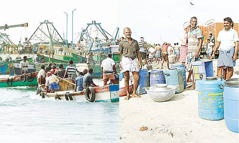 கடலுக்கு செல்ல ஆயத்தமாகும் விசைப்படகு மீனவர்கள் தேவையான உபகரணங்களுடன் ஆயத்தமாகி வரும் காட்சி.&nbsp;