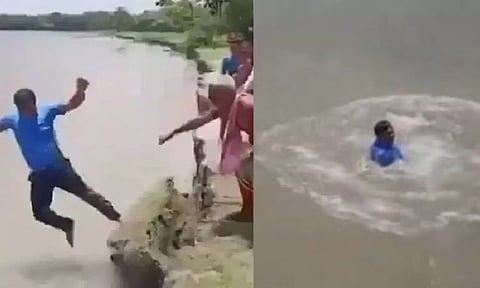 வெள்ள பாதிப்புகளை குறித்து நேரலையில் பேசியபடி ஆற்றில் விழுந்த செய்தியாளர்..  வைரல் வீடியோ