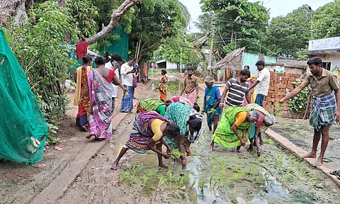 சேரும் சகதியமான தெருக்களில் நாற்று நடும் போராட்டம்