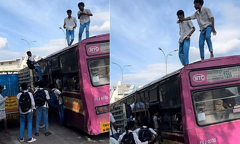 சென்னை வேப்பேரியில் பஸ்சின் மேற்கூரையில் ஏறி ஆட்டம் போட்ட பள்ளி மாணவர்கள்