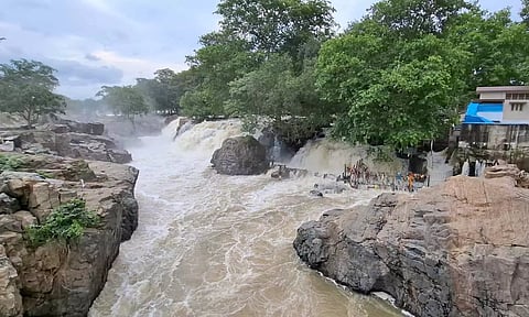 ஒகேனக்கல் காவிரி ஆற்றில் தண்ணீர் சீறிப்பாய்ந்து செல்வதை படத்தில் காணலாம்.
