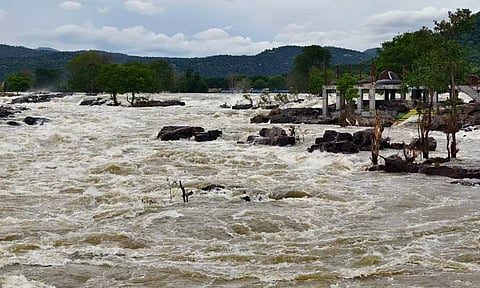 ஒகேனக்கல்லில் வெள்ள பெருக்கு ஏற்பட்டு காவிரி ஆற்றில் தண்ணீர் சீறிபாய்ந்து செல்வதை படத்தில் காணலாம்.
