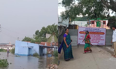 பள்ளிபாளையம் சந்தைப்பேட்டையில் உள்ள வீடுகளில் வெள்ளம் சூழ்ந்துள்ளதை காணலாம் - ஆற்றுக்கு செல்லும் அனைத்து வழித்தடங்களையும் நகராட்சி சார்பில் தடுப்புகள் வைத்து அடைக்கப்பட்டது