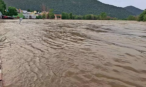 ஒகேனக்கல்லில் காவிரி ஆற்றில் கரையை தொட்டப்படி தண்ணீர் சீறிபாய்ந்து செல்வதை படத்தில் காணலாம்.