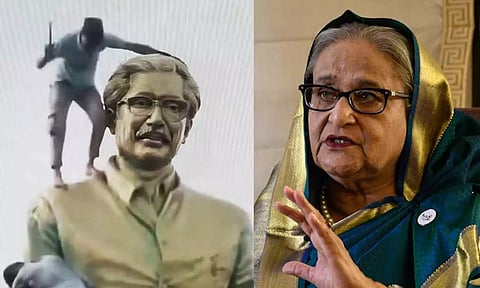 தந்தை சிலையை சேதப்படுத்தியதற்கு நீதி கேட்கும் ஷேக் ஹசீனா