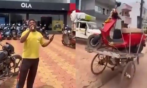 OLA ஷோரூம் முன் மின்சார ஸ்கூட்டருக்கு இறுதிச்சடங்கு செய்த வாடிக்கையாளர்.. மைக்கில் ஒப்பாரி - வீடியோ