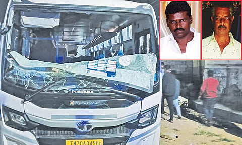 அடித்து நொறுக்கப்பட்ட தனியார் நிறுவன பஸ் - விபத்தில் உயிரிழந்த குமார் - கணேஷ்