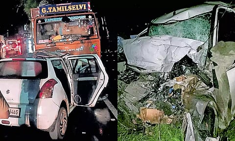 விபத்தில் சிக்கிய லாரி மற்றும் காரை காணலாம்.