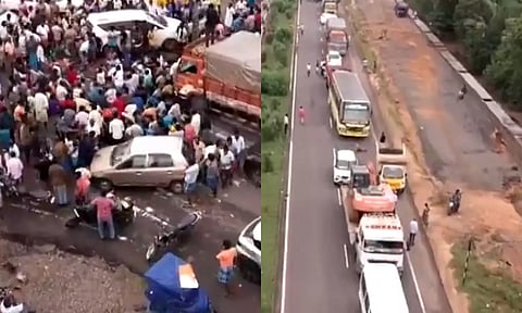 உணவு, குடிநீர் கேட்டு பொதுமக்கள் மறியல்- தேசிய நெடுஞ்சாலையில் போக்குவரத்து பாதிப்பு