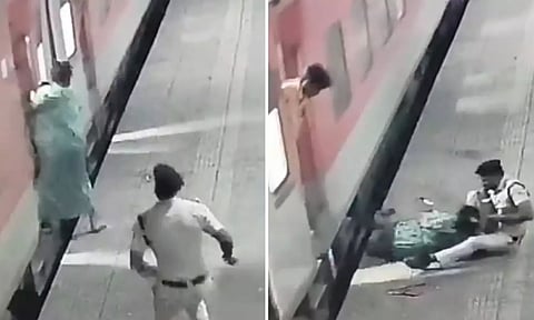 ஓடும் ரெயிலுக்கும் நடைமேடைக்கும் இடையே சிக்கிய பெண் - சூப்பர் மேனாக மாறிய காவலர் - திக் திக் வீடியோ!