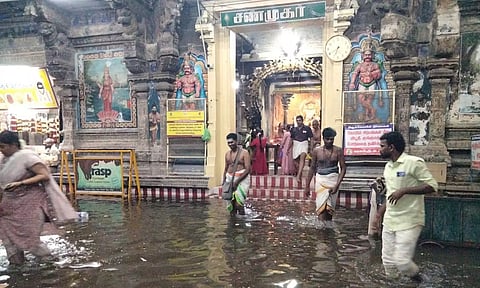 சங்கரன்கோவில் சங்கர நாராயணசுவாமி கோவிலில் தேங்கிய மழைநீரை 2-வது நாளாக அகற்றிய ஊழியர்கள்