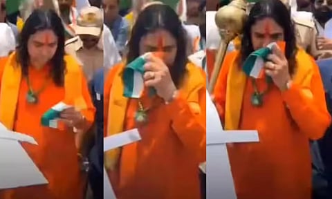 மூவர்ணக் கொடியில் முகம் துடைத்த பாஜக எம்எல்ஏ.. வைரலாக வீடியோ - கொந்தளித்த காங்கிரஸ்!